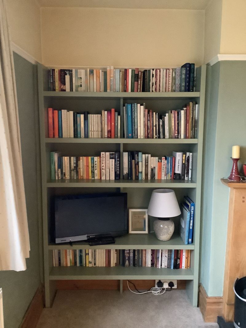 Bespoke alcove shelving finished in FB Lichen : Swipe To View More Images