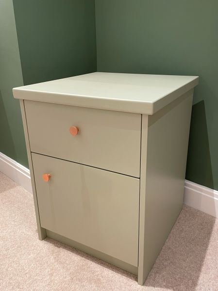 Bedside pedestal finished in French gray.: Swipe To View More Images