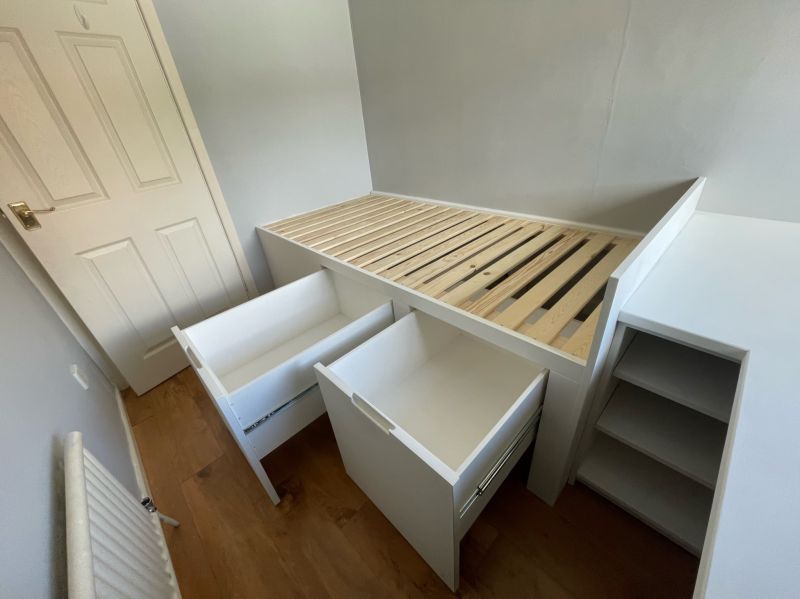 Bespoke bed over bulkhead. Desk and drawers: Swipe To View More Images