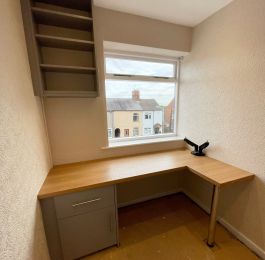 Oak desk with base cabinet and shelving unit : Click Here To View Larger Image