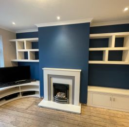 Concave TV cab with floating shelving and alcove cabinet. : Click Here To View Larger Image