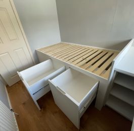 Bespoke bed over bulkhead. Desk and drawers: Click Here To View Larger Image