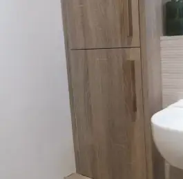 Laminated shower room cabinet Oak laminate and brushed brass handles: Click Here To View Larger Image